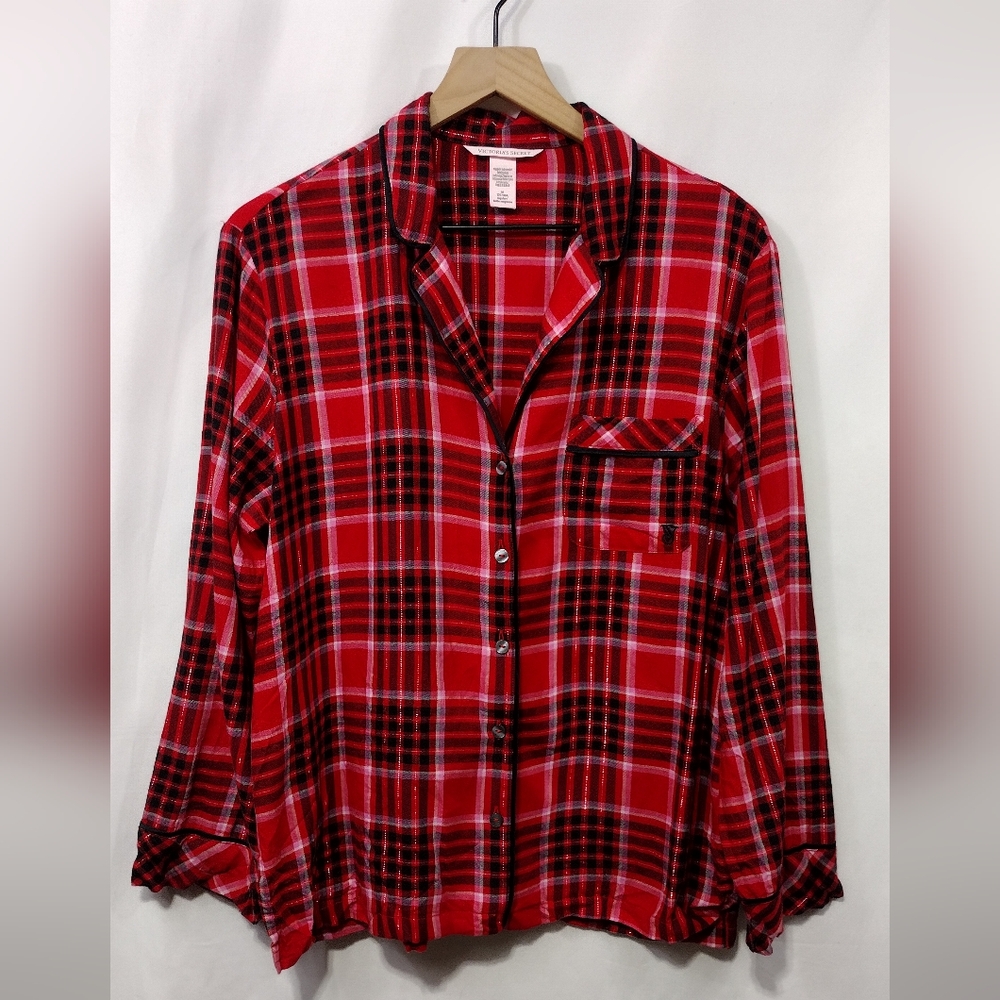 Victoria's Secret Flannel Long Pajama Set Women's M Red Black Holiday Retro Y2K - Picture 2 of 15